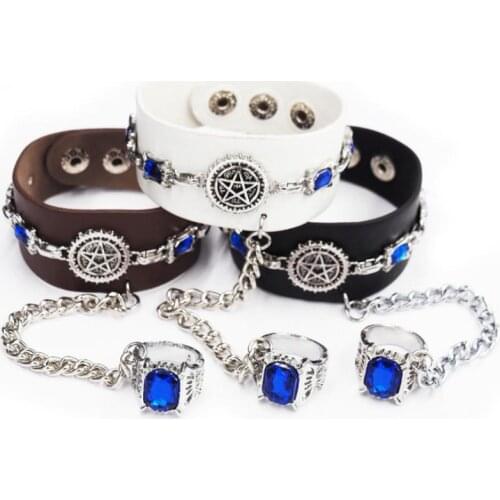 1 Pc Cartoon Black Butler Leather Wrap Chain Bracelet with Blue Gem Ring Anime Kuroshitsuji Cosplay Bangle Figure Toys Gift