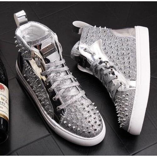 Luxury designer shiny rivet men shoes fashion sneakers spikes high tops punk men Casual shoes rivet boots zapatillas hombre