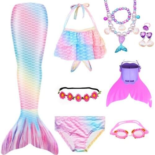 Girls Swimming Mermaid tail With Monofin Flipper Mermaid Costume Cosplay Children Swimsuit Fantasy Beach Bikini Set W Necklace