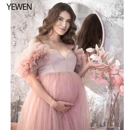 Cute Pink Tulle Maternity Photography Dress Long Off Shoulder Maternity Gowns for Baby Shower Mom and Me Photography Props YeWen