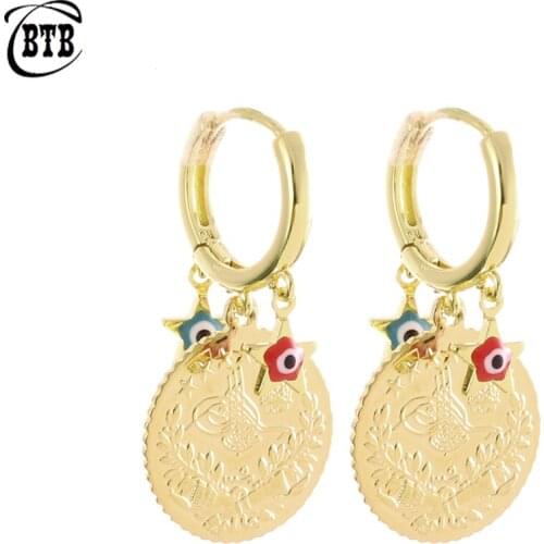 Islamic Muslim Fashion Pentagram Lucky Demon Eye Gold Coin Women Charm Pendant Earrings High-end Jewelry Holiday Gift Wholesale
