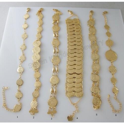 Min Order 10$ CAN MIX DESIGN/ NEW 6 STYLES AVAILABLE - YELLOW GOLD GP OVERLAY FILLED BRASS MUSLIM ISLAMIC MONEY SIGN BRACELET