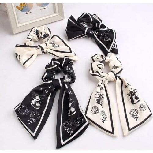 The New Small Fragrance Adult Temperament Printing Silk Scarf Headband Net Red Bow Ribbon Hair Accessories Headwear