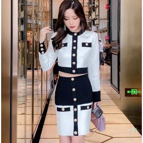 New Fashion Women Designer Black White Pink Blue Long Sleeve Mini Bodycon Bandage Women Set