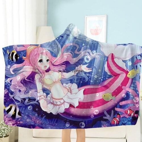 Mermaid Hooded Blanket Hot Anime Throw Blanket 3D Printing Fleece Blanket Travel Picnic Wearable Blanket Comfortable Blanket