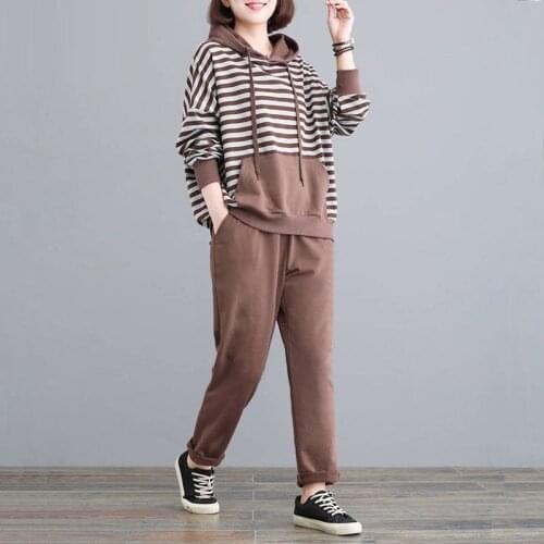 Autumn Casual Loose Striped Hooded Sweatshirt And Harem Pants Tracksuit Plus Size 4XL Korean 2 Piece Sets Sweatsuit Women Outfit