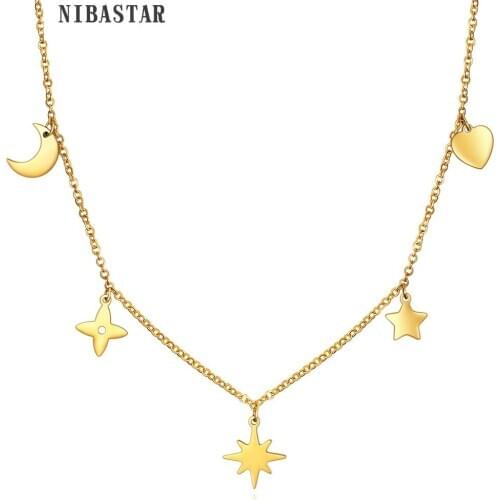 Goold Color Stainless Steel Charm Necklaces & Pendants for Women Girls Choker Clavicle Chain Jewelry Femme Bijoux Collares