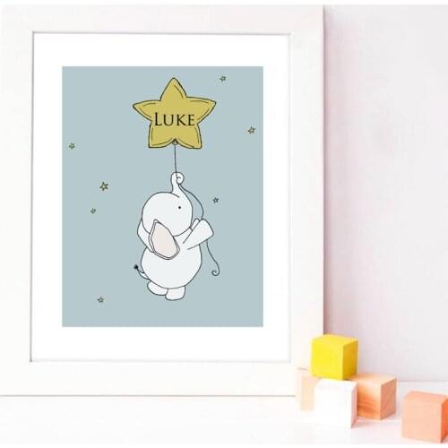 Personalized Name Cartoon Elephant Star Balloon Nursery Canvas Art Print , Customize Canvas Painting Baby Room Wall Decor