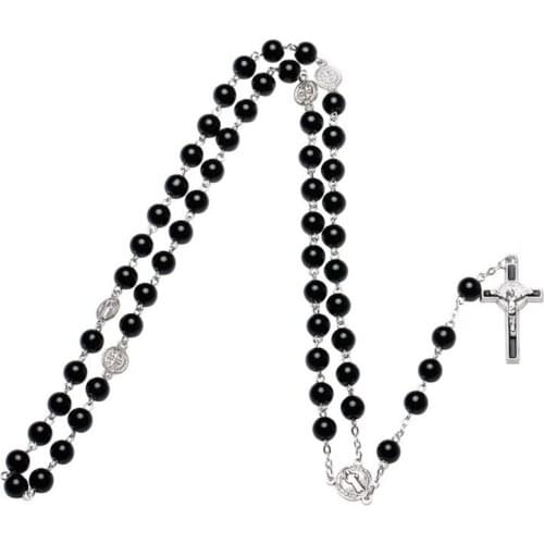 QIGO Black Glass Pearl Catholic Rosary Necklace Metal Cross Long Necklace