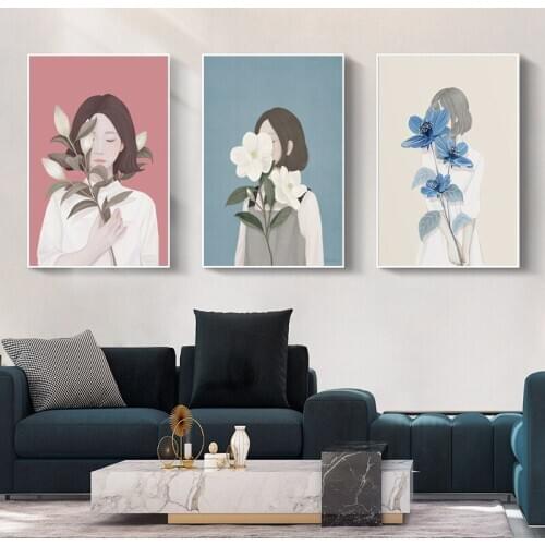 Nordic Modern Minimalist Fresh Flower Character Green Plant Illustration Art Poster Background Wall Decoration Painting