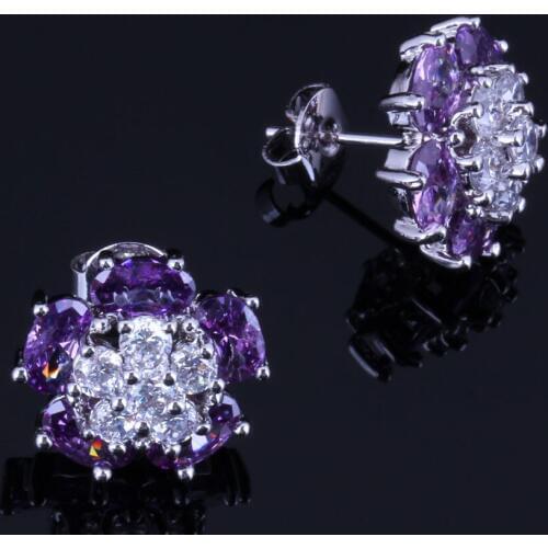Fascinating Flower Purple Cubic Zirconia White CZ Silver Plated Stud Earrings V0872