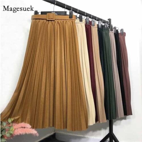Spring Casual High Waist Long Skirts For Women Vintage Solid Pleated Skirt Women With Belt Fashion Female Skirts Faldas 12170