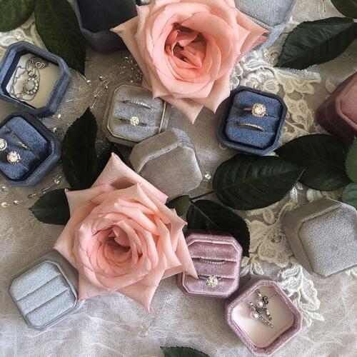 6 Color Velvet Double Ring Box Octagon Wedding Ceremony Ring Box with Detachable Lid