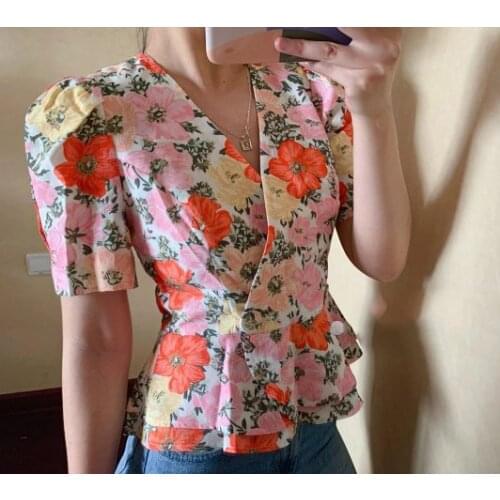 Elfbop Ladies Stylish Wrap V Neckline Short Sleeve Floral Printed Blouse Shirt Top - Women Fashion Casual Tops