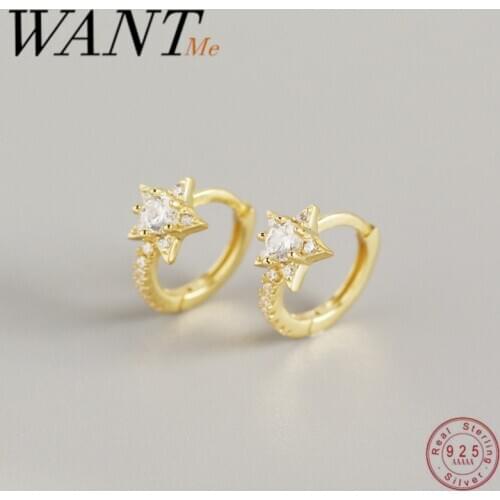 WANTME Fashion Real 925 Sterling Silver Round Crystal Zircon Light Star Stud Earrings for Women Chic Small Jewelry Accessories