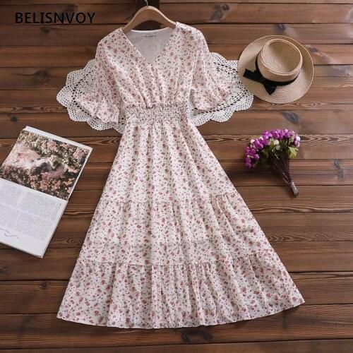 Summer Womens Dress 2021 Floral Printed Chiffon V-neck Elegant Party Vestidos Flare Sleeve Ruffles Boho Holiday Midi Dress
