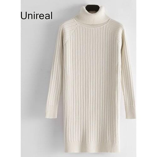 Unireal 2021 Autumn Winter Women Knitted Dress Long Sleeve Thick Warm Turtleneck Sweater Dress High Quality
