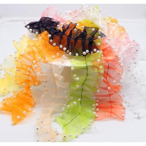 1yard Organza pearl beaded lace trims for wedding dress Embroidery stirip lace trimmings for clothes Ribbons and trims