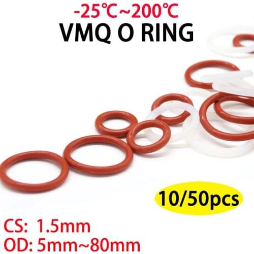 10/50pcs VMQ White Silicone O Ring Gasket OD 5~45mm CS 1.5mm Food Grade Waterproof Washer Round O Shape Rubber silicon ring