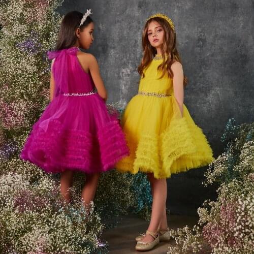 2021 Short Flower Girl Dresses Knee Length Beaded Belt Little Girls Birthday Party Dress Christmas Wear First Communion Gowns