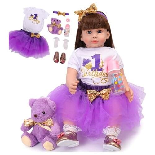 60cm Elegant Reborn Baby Dolls Soft Vinyl Purple Cloth Body Silicone Baby Princess With Long Brown Hair For Kids Christmas Gift