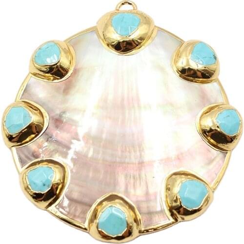 APDGG 1 Pc 78mm Big Natural Black Round Shell Blue Turquoise Connector Pendant Unique Design Charms Necklace Pendant Jewelry DIY