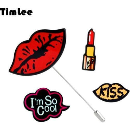 Timlee X197 New Cute Cartoon Lipstick Pin Letter Kiss Red Lip Brooch Pins Fashion Jewelry wholesale
