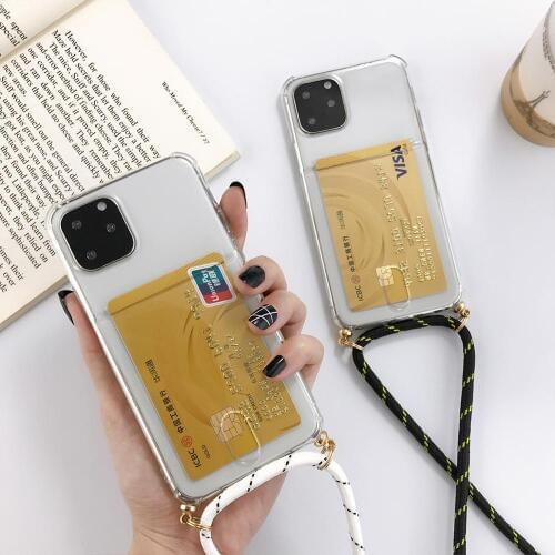 ID Credit Card Slot Holder Clear Phone Case For iPhone 11 Pro XS MAX X XR 8 7 6S Plus Soft TPU Chain Necklace Lanyard Back Cases