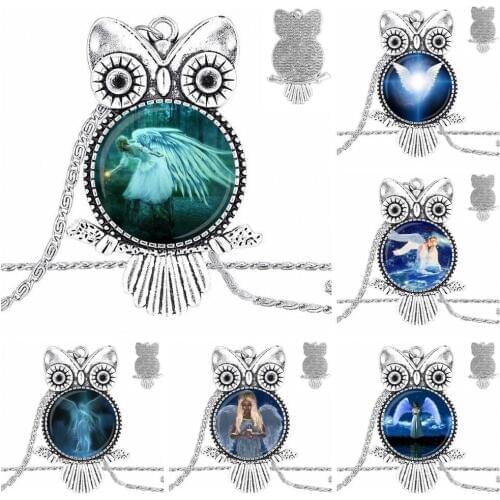 EJ Glaze Guardian Angel Vintage Jewelry Glass Cabochon Choker Pendant Long Owl Necklace For Girls