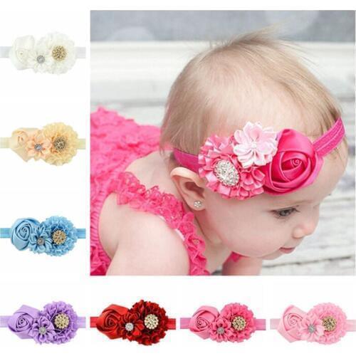 8pcs/lot 10CM Rose Flower Headband Baby Girl Crystal Rhinestone Newborn Princess Elastic Hairband Accessories