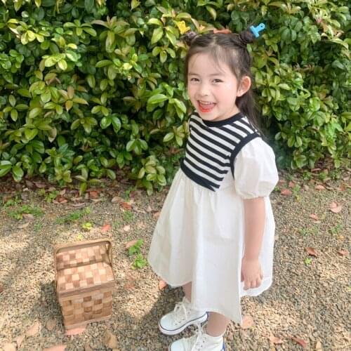 Girls summer casual striped patchwork short sleeve dresses Korean style puff sleeve cotton dress