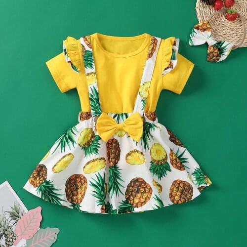 Kids Baby Girls Fashion 3-piece Outfit Set Short Sleeve Yellow T-Shirt Tops Pineapple Print Suspender Skirt+Headband Set