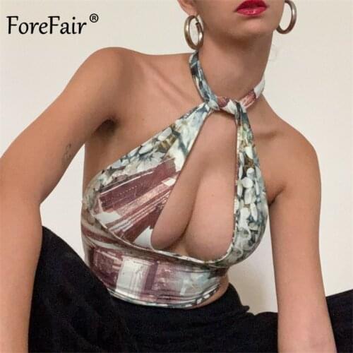 Forefair Fashion Vintage Y2K Print Criss Cross Halter Neck Crop Tops Women Outfits Backless Hollow Out Cropped Top Streetwear