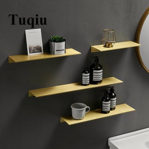 Tuqiu Bathroom Shelf Wall Mounted Or Nail Free Bath Shower Shelf Brushed Gold Bath Shampoo Holder Rack Aluminum Basket Holder