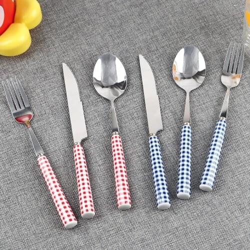 French Style Blue/Red Plaid Ceramic Handle Knife Fork Spoon Tableware Dessert Stainless Steel Glossy Silver Kitchen Dinnerware