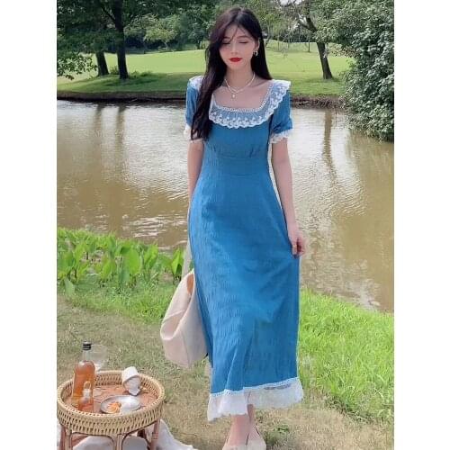 Plus Size Womens Wear 2021 New Style Niche Square Collar Lace Summer Blue Dress Women Long Dresses Retro Beach Travel Sweet