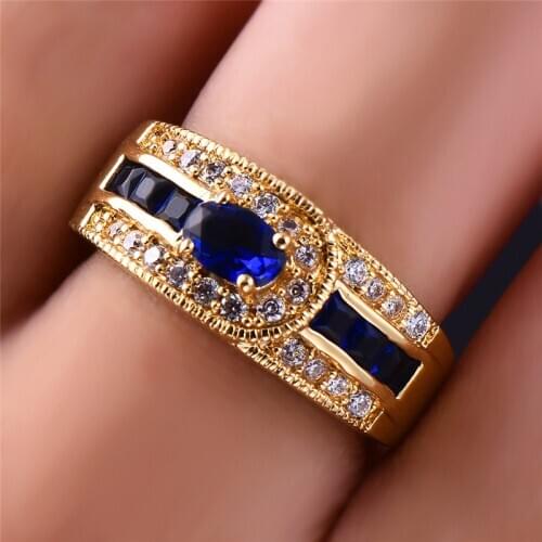 Luxury Female Dark Blue Zircon Stone Ring Classic Yellow Gold Filled King Queen Ring Fashion Engagement Wedding Rings For Women