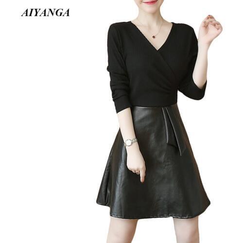 S-4XL 2018 Autumn Winter Dress For Women long Sleeve Patchwork PU Dresses Female Slim Plus Size A-Line Dress Solid Color Black