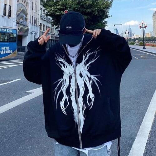 Y2k Punk Graphic Print Zipper Ribbon Hooded Hoodie Men Casual Black Cool Oversize Coat Fashion Sweatshirt Streetwear Couple Tops
