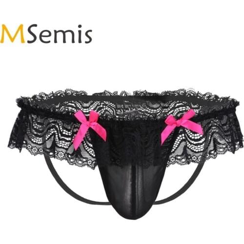 Men Sexy Panties Transparent Mesh Lace Bowknot Bikini Briefs Erotic Sissy Gay Crossdressing Open Butt Sheer Jockstrap Underpants