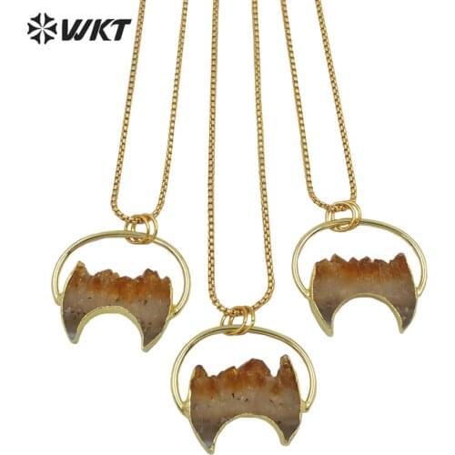 WT-N1267 Wholesale 18inch Precious Stone Necklace Fashion Yellow Crystal Crescent Big Ring Necklace Gold Plated