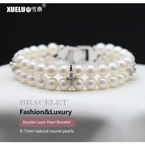 XUELUO Gorgeous Double Strands Perfect Round Natural Cultured Freshwater Pearl Bracelet for lady