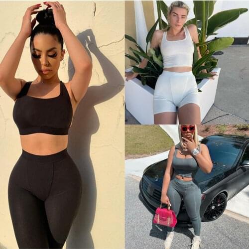 2Pcs Women Summer Sportswear Solid Color Ribbed Tank Tops + High-Waist Tight Pants Yoga Sports Suit for Girls 3 Colors