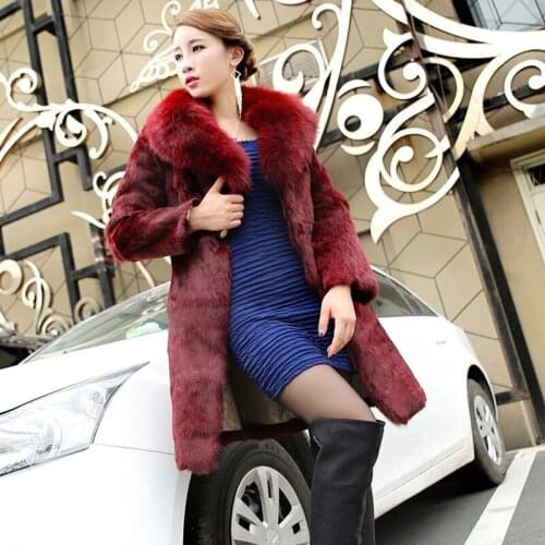 Winter Women Real Fur Coat Warm Rabbit Fur Long Jacket Slim Fit Fox Fur Collar Outerwear Overcoat Plus Size 6XL Womens Fur Coats