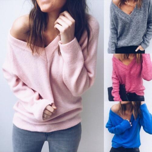 Women Solid V Neck Sweaters And Pullovers Knitted Autumn Winter Clothing Pullover Fashion Womens Long Sleeve Sweater Pullover