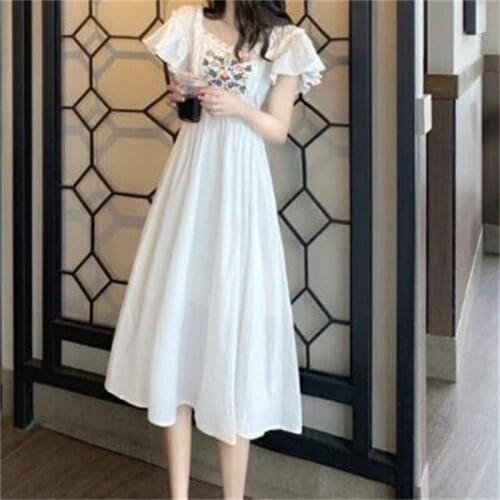 ZXQJ Women 2021 Fashion Ethnic Print Casual All-match Ruffled Dress Vintage Short Sleeves Female Dresses Vestidos