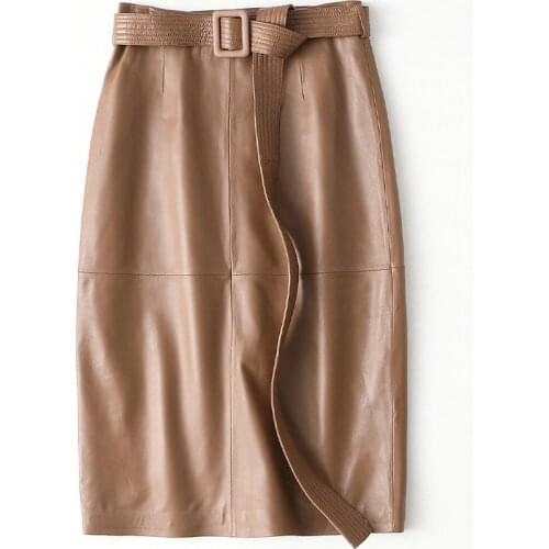 2021 New 100% Sheepskin Bag Hip Skirt Womens Casual Genuine Leather Slim Fit Medium Length OL Solid Camel Leather Belt Skirt
