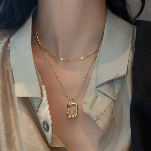 Minar Double Layers Geometric Hollow Rectangle Pendant Necklaces Minimalist Goth Statement Necklaces for Women Jewelry Gifts