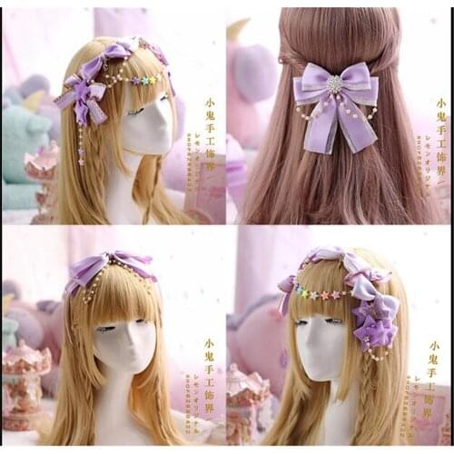 Purple Gothic Lolita Lace Trim KC hair pin Pearls Bow Handwork Hair Accessories Headwear Womens Headdress B550
