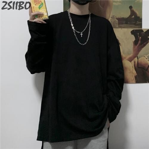 16 Solid Harajuku Mens tshirt O-neck Autumn Unisex Cotton Long Sleeve T shirts Casual T-shirt Male and Female Oversize Tops